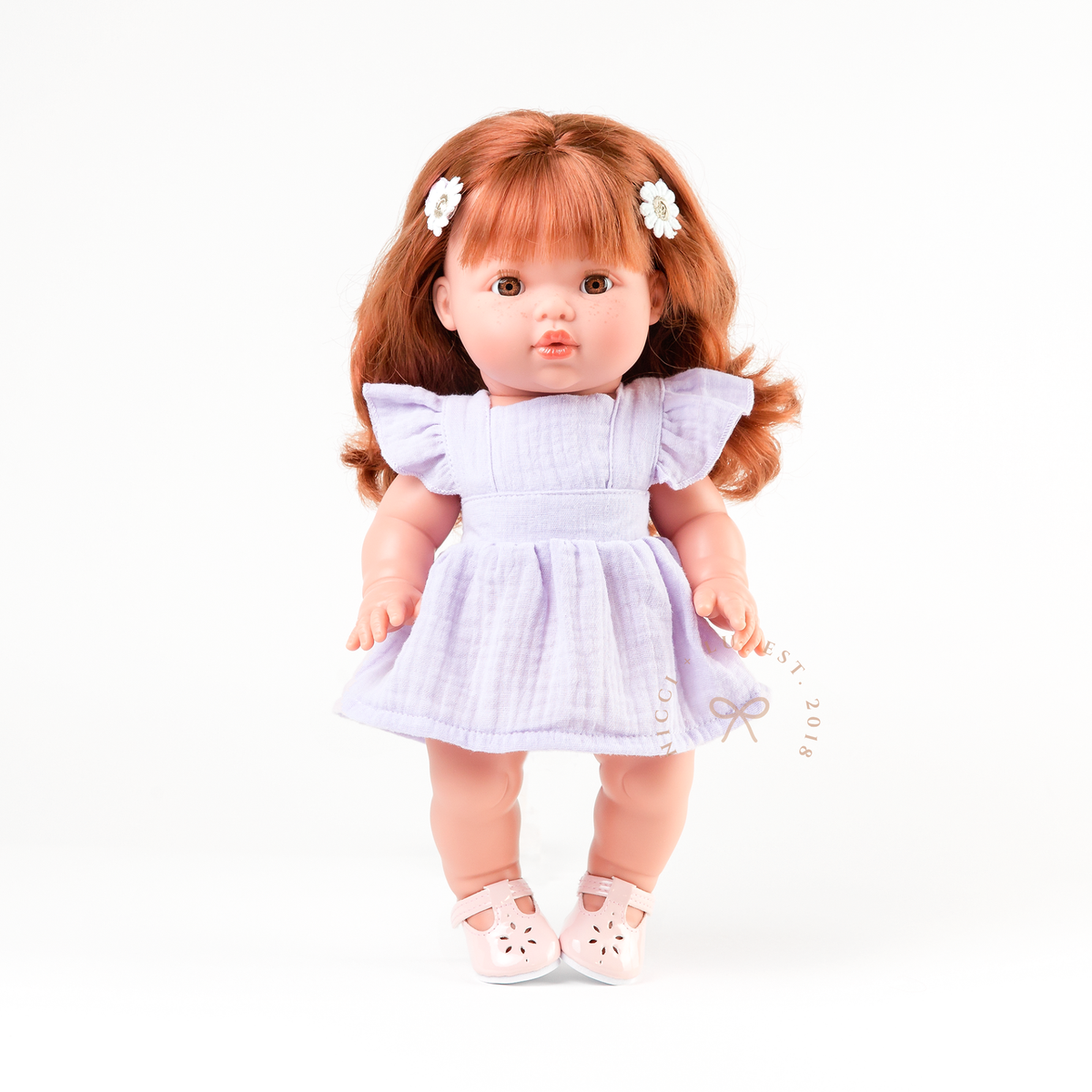 Doll Clothing + OUtfits - Pippa Muslin Apron Dress fits 34-38cm Dolls - Mauve for Mini Colettos, Minikane and Miniland Dolls