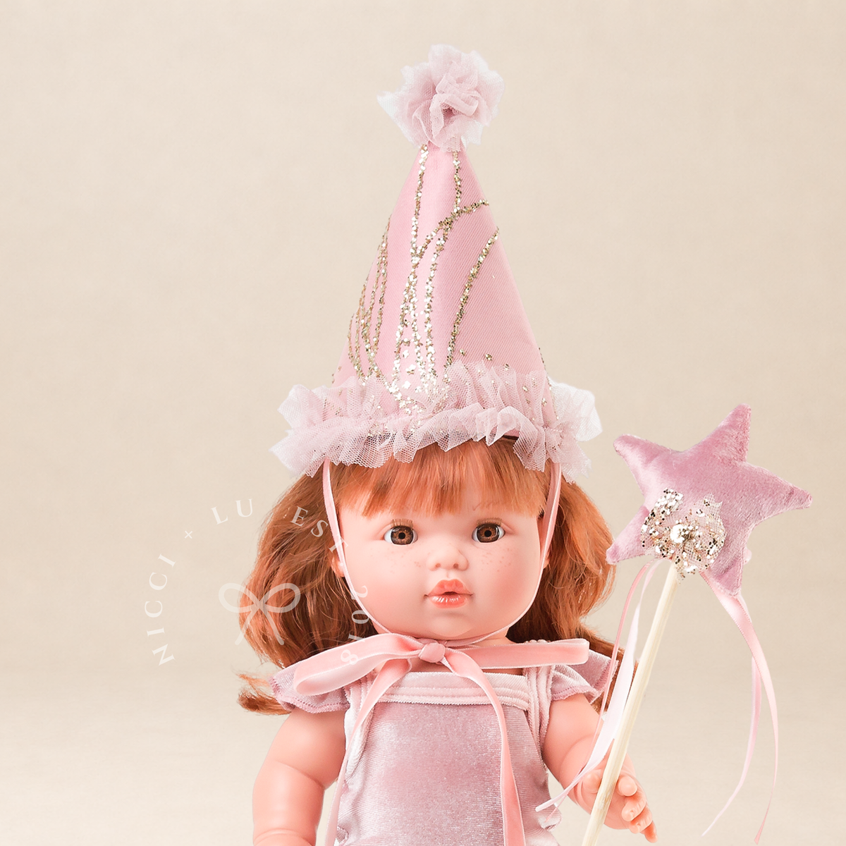 Mini Colettos Sophia wearing the Rose Blush Frilled Velvet Singlet Bodysuit with the Magical Party Hat and Satin Ballet Flats.