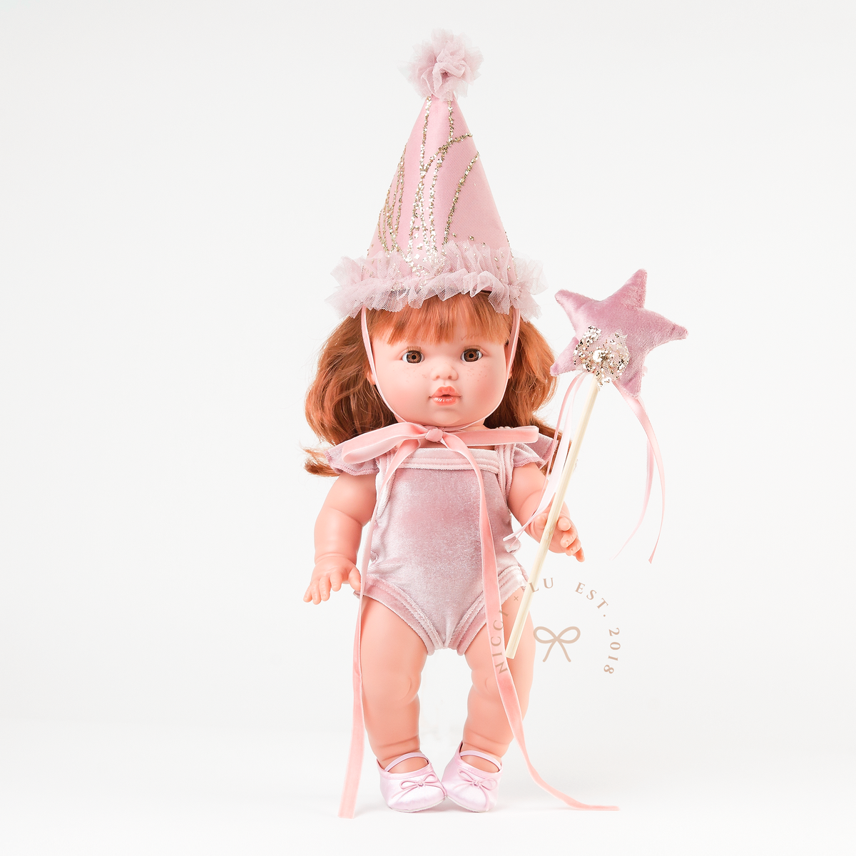 Mini Colettos Sophia wearing the Rose Blush Frilled Velvet Singlet Bodysuit with a Magical Party Hat and Satin Ballet Flats.
