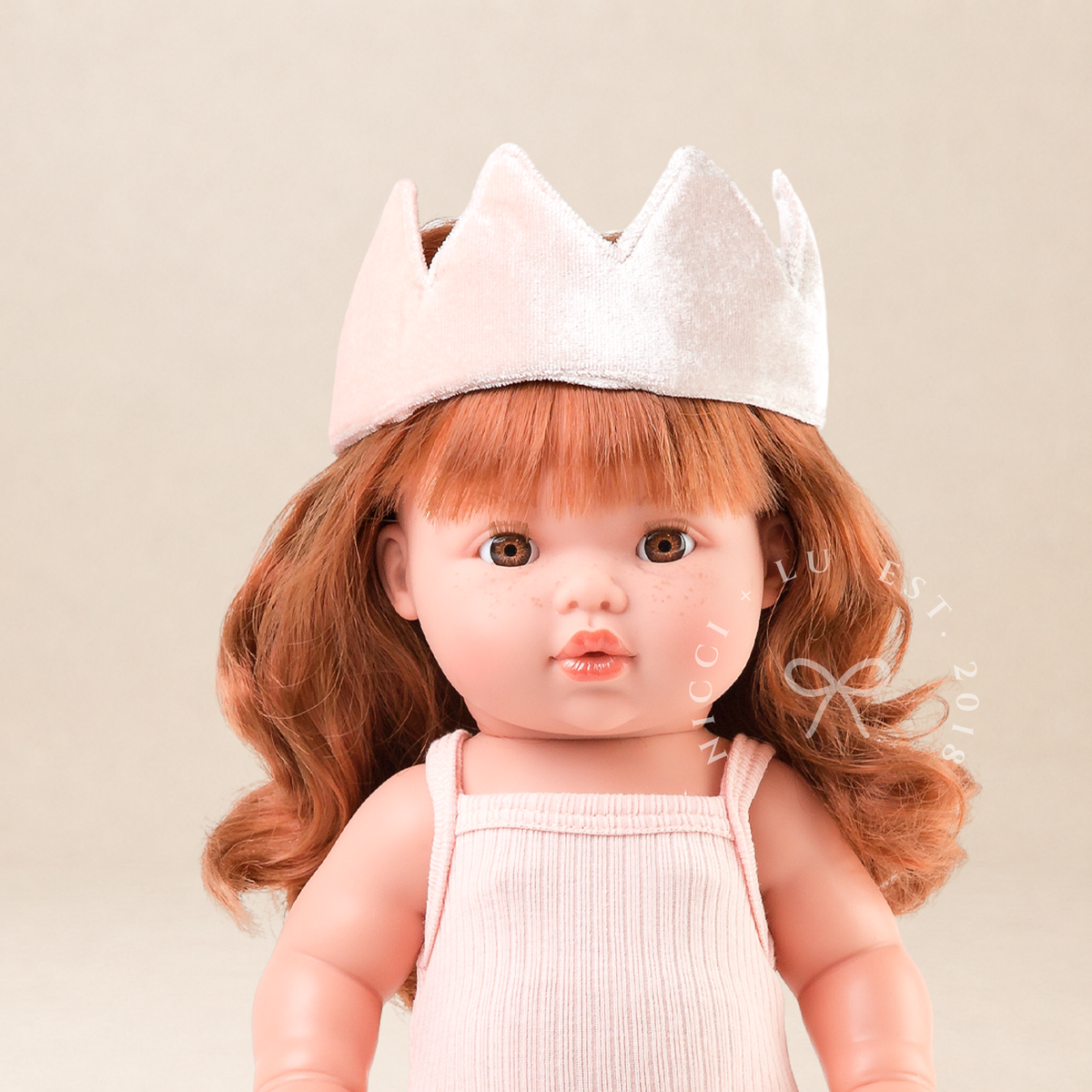 34cm Mini Colettos Sophia doll in Rose Pink singlet bodysuit with ballet pink velvet crown by Nicci and Lu for 34-38cm dolls.