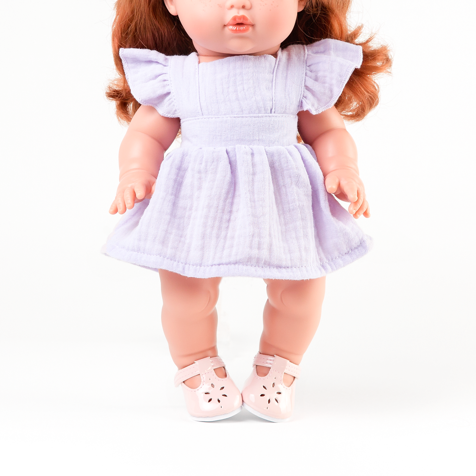 Doll Clothing + OUtfits - Pippa Muslin Apron Dress fits 34-38cm Dolls - Mauve for Mini Colettos, Minikane and Miniland Dolls