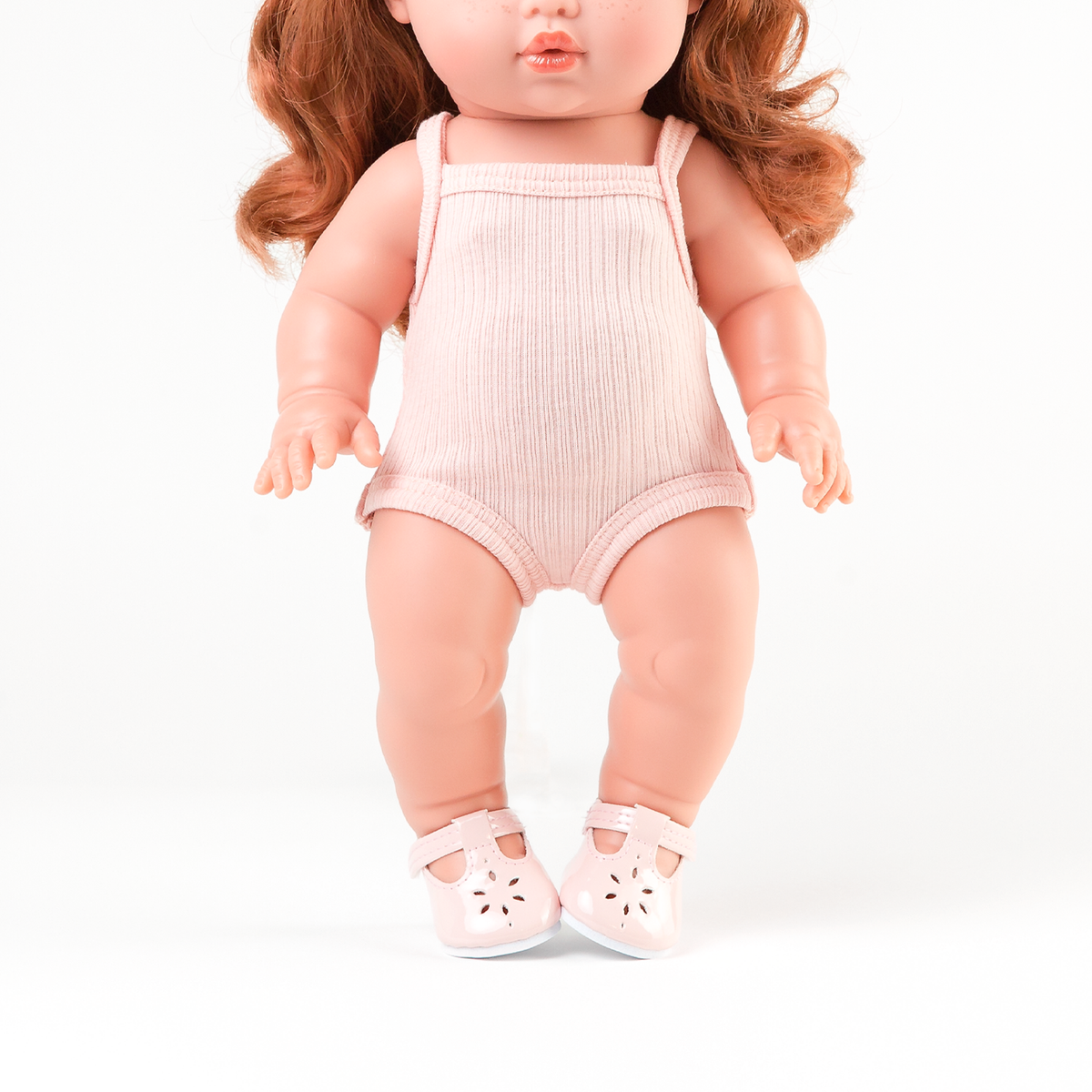 Close-up of Rose Pink singlet bodysuit fit and shoes on 34cm Mini Colettos Sophia doll - Nicci and Lu doll clothing and oufits.