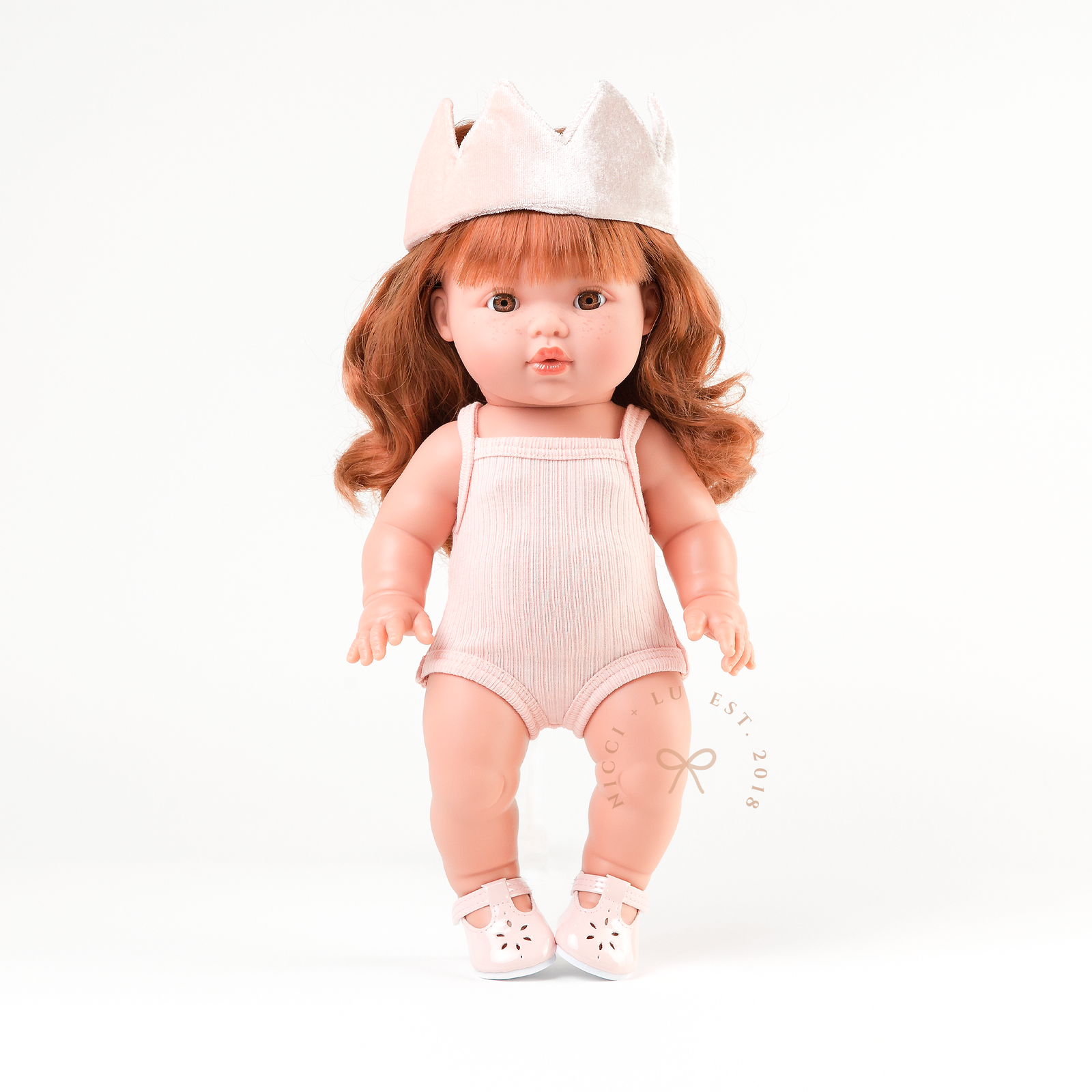 34cm Mini Colettos Sophia doll wearing Rose Pink singlet bodysuit - Australian-designed 34-38cm doll clothing and outfits by Nicci and Lu.