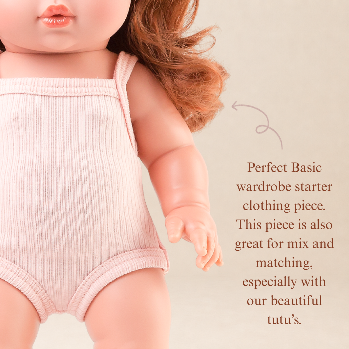 Rose Pink singlet bodysuit on 34cm Mini Colettos Sophia doll, perfect basic for mix and match with tutus by Nicci and Lu for 34-38cm dolls.