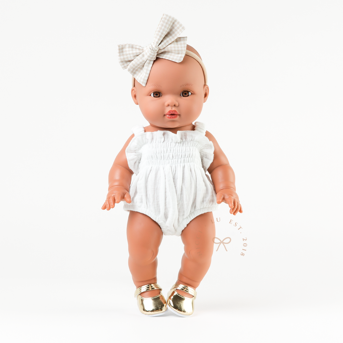 Doll Clothing + Outfits – Olivia Smock Muslin Bubble Romper fits 34-38cm Dolls - Ivory for Mini Colettos, Minikane and Miniland Dolls