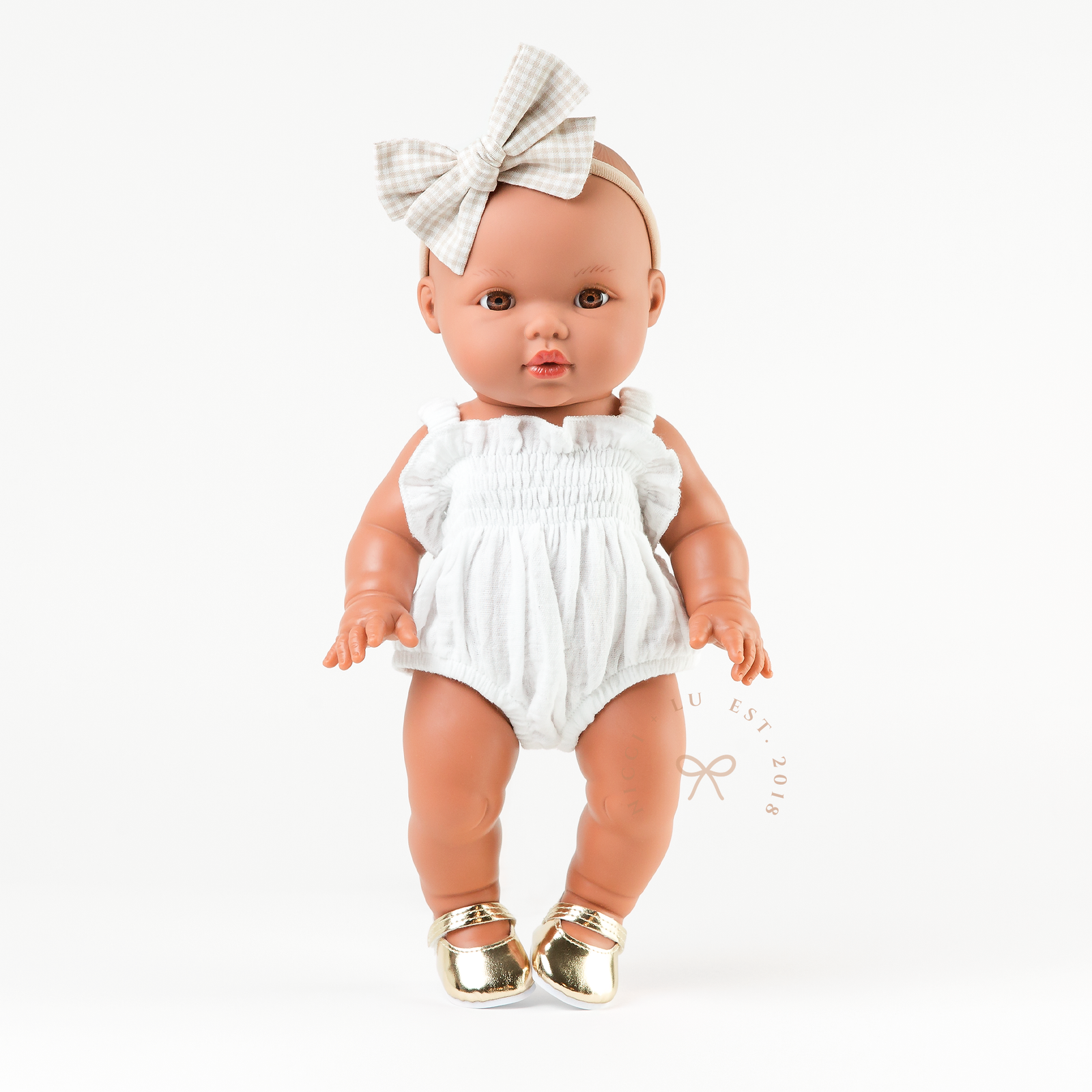 Doll Clothing + Outfits – Olivia Smock Muslin Bubble Romper fits 34-38cm Dolls - Ivory for Mini Colettos, Minikane and Miniland Dolls