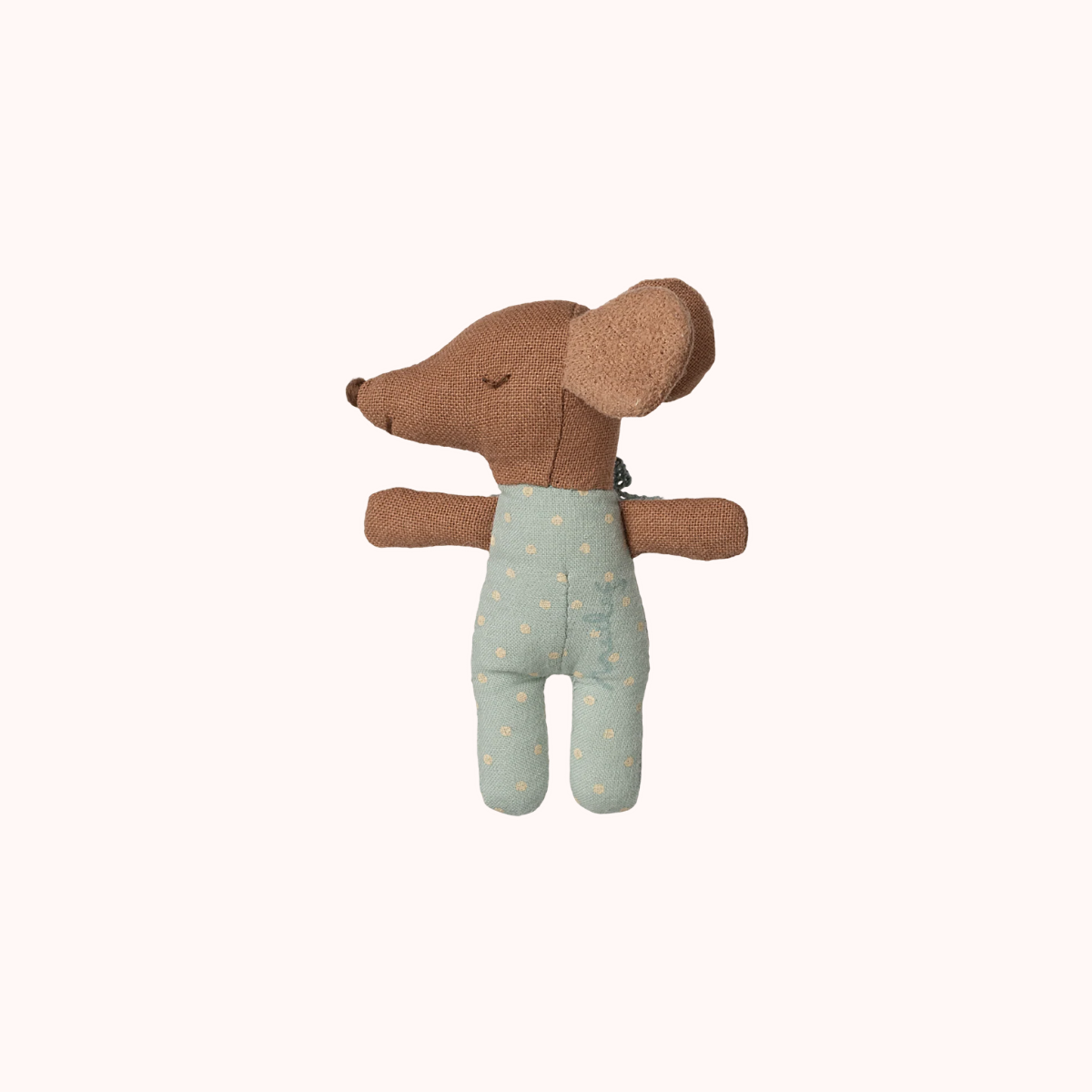 Maileg Sleepy Wakey Baby Mouse Baby Mouse Stuffed mouse toy with a blue polka dot  outfit on a white background