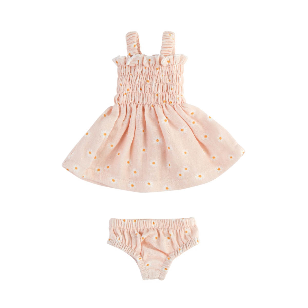 Muslin Smocked doll dress and bloomers set with daisy dot pattern on a white background