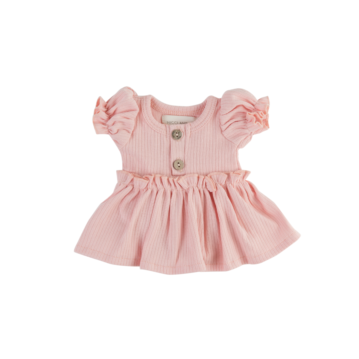 Pink baby dress with ruffled sleeves on a white background