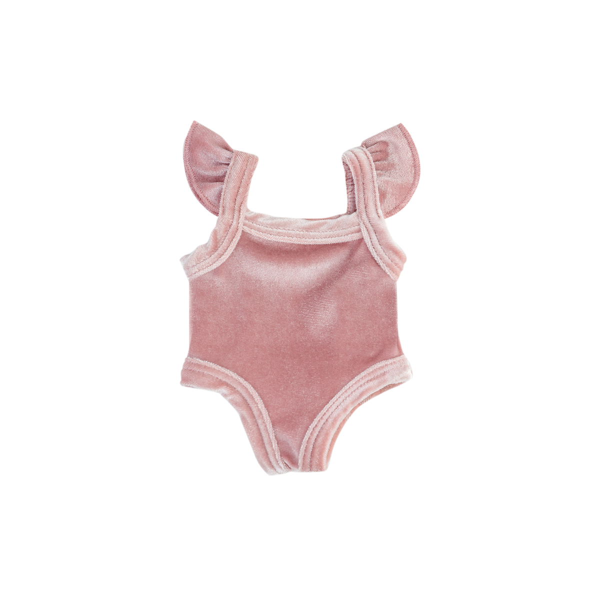 Velvet flutter romper rose blush doll clothes on a white background