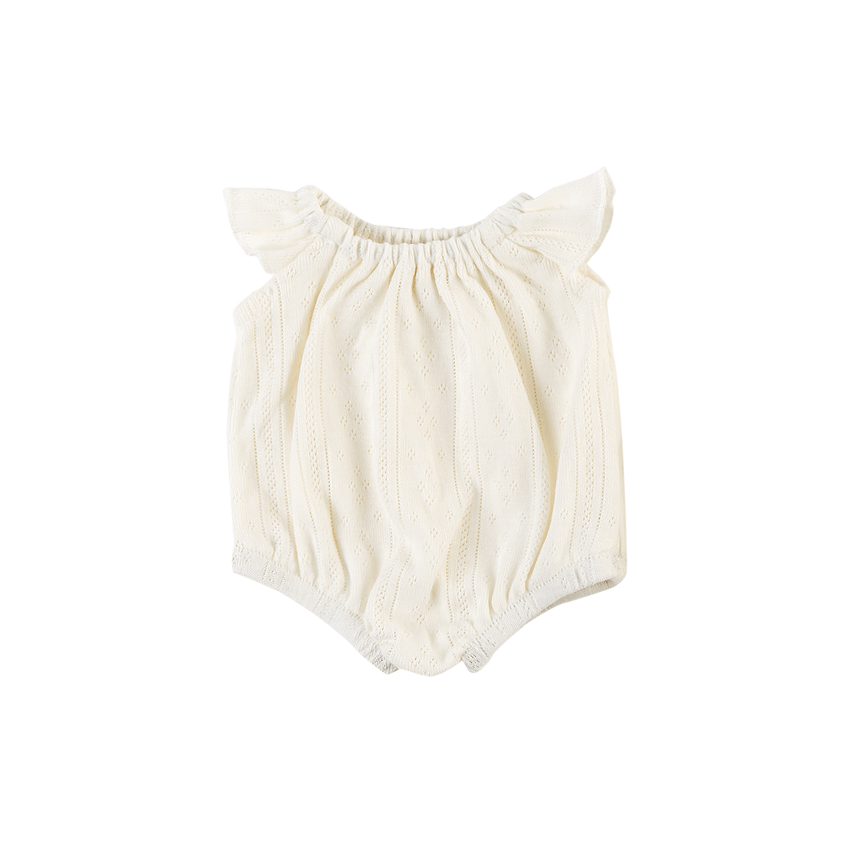 Ivory pointelle romper doll clothes on a white background