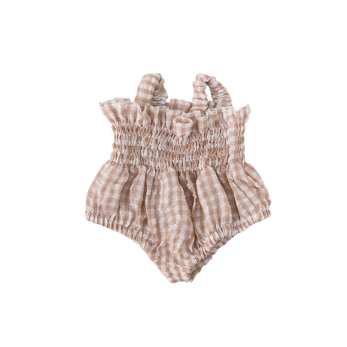 Doll Clothing – Olivia Smock Bubble Romper for 34cm Dolls - Gingham Beige