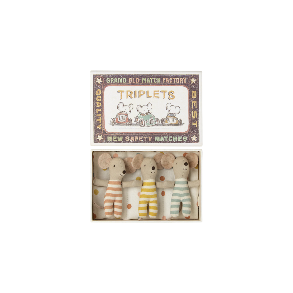 Maileg Triplets Baby Mice in Box | Miniature Matchbox Baby Mouse Set