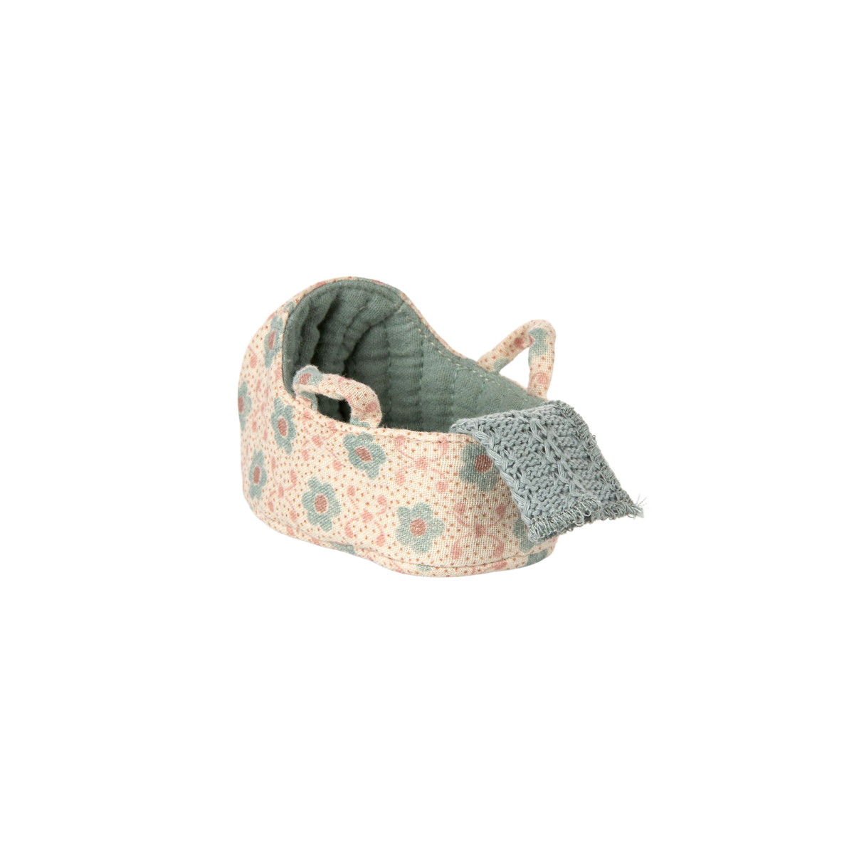 Maileg Baby Mouse Carry Cot – Blue | Mini Mouse Doll Carrier Floral-patterned baby carry cot.