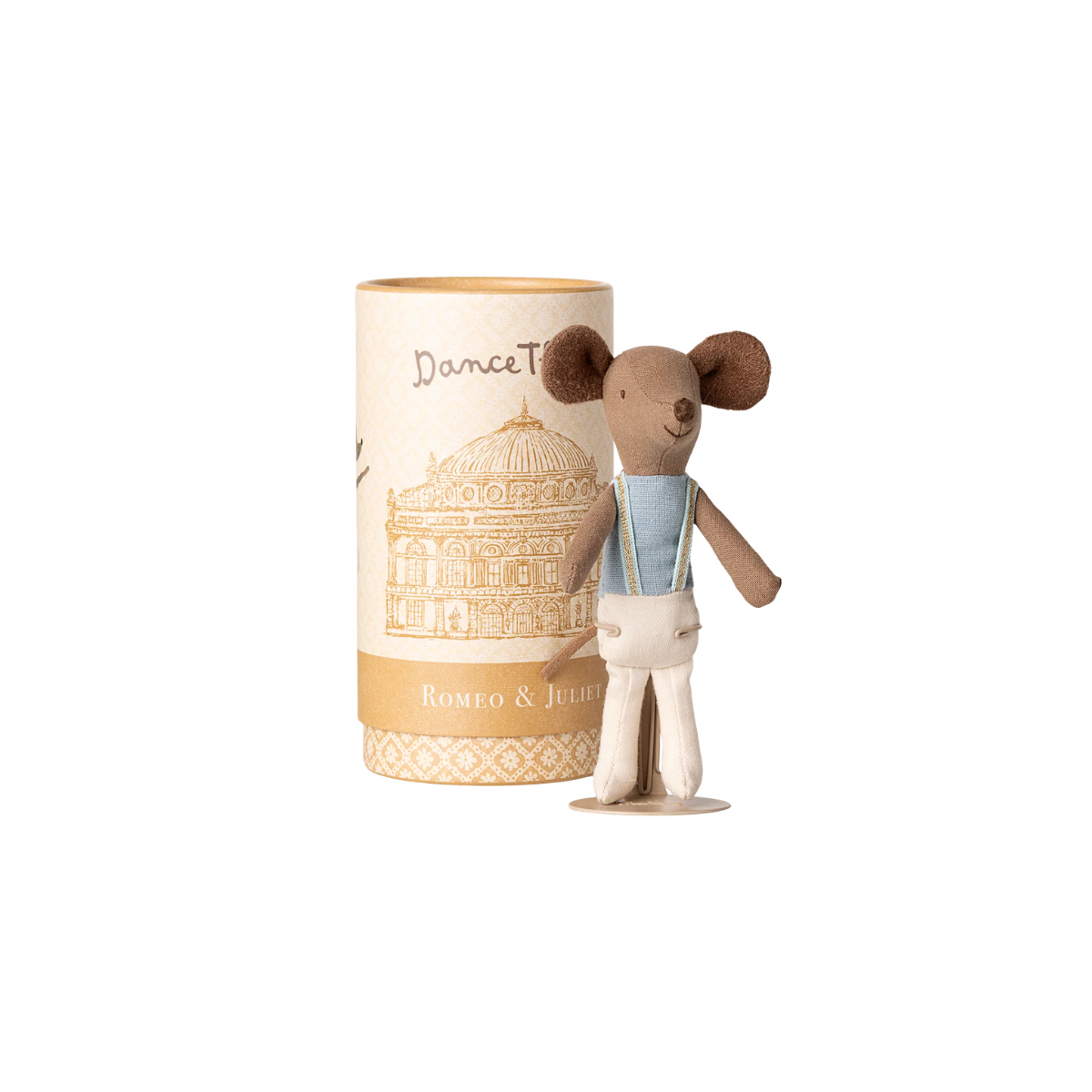 Maileg Big Brother ballet dancer mouse wearing a dancing suit with golden suspenders and display stand on a white background