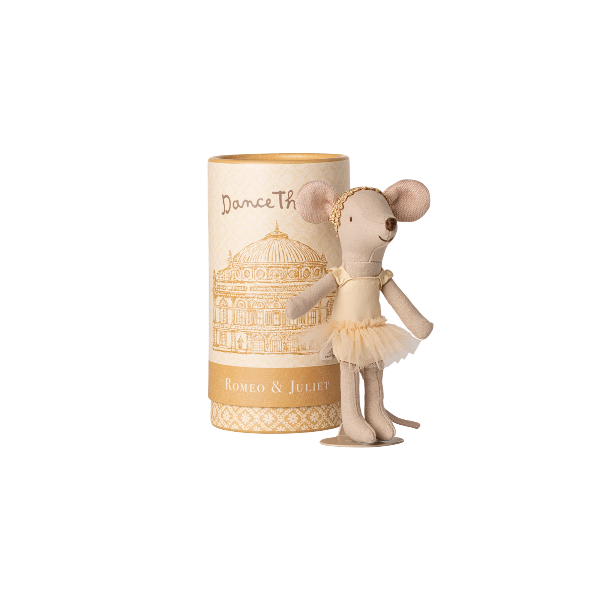 Maileg Ballet Dancer Big Sister Plush mouse dancer toy with tutu and stand in a tube packaging on a white background