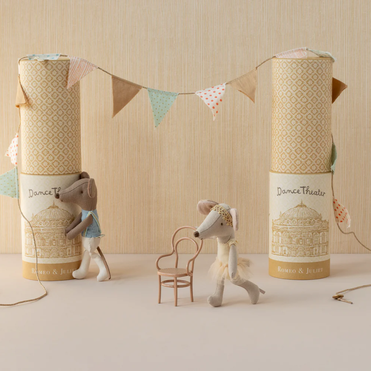 Maileg Big Brother ballet dancer mouse wearing a dancing suit with golden suspenders and display stand on a white background