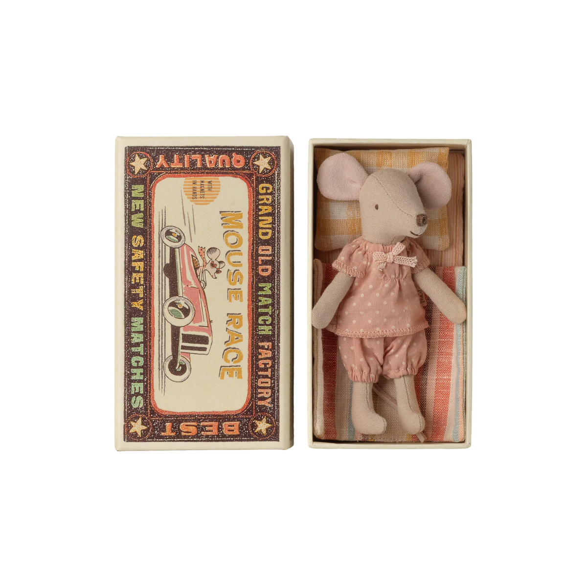 Maileg Big Sister mouse toy in a matchbox-style packaging with vintage design elements.