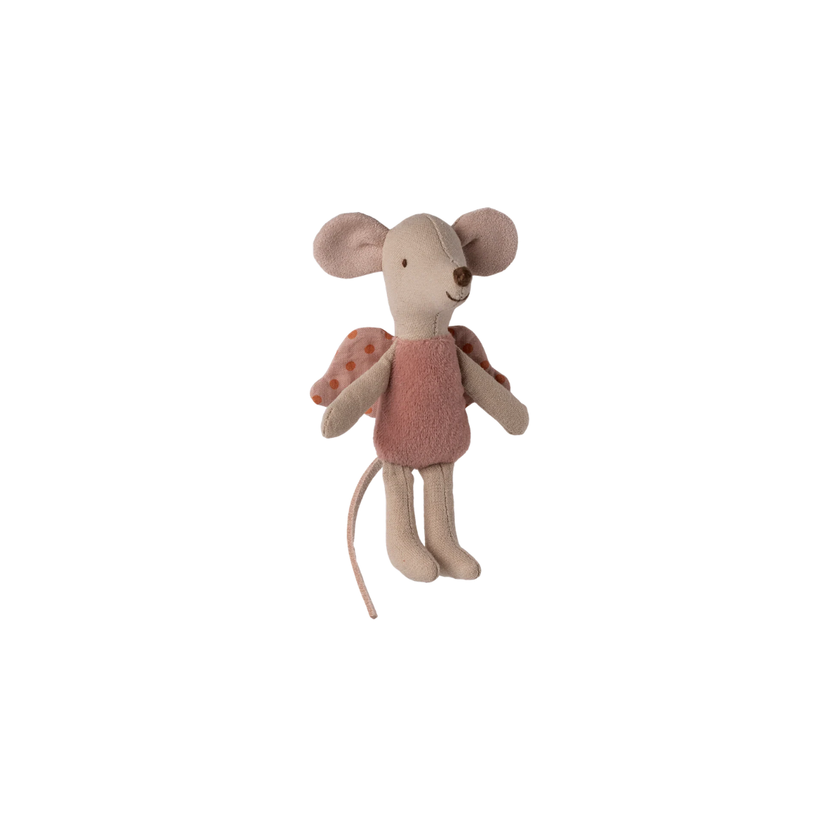 Maileg Fairy Mouse Little Rose Stuffed mouse toy in a pink dress with polka dot wings on a white background