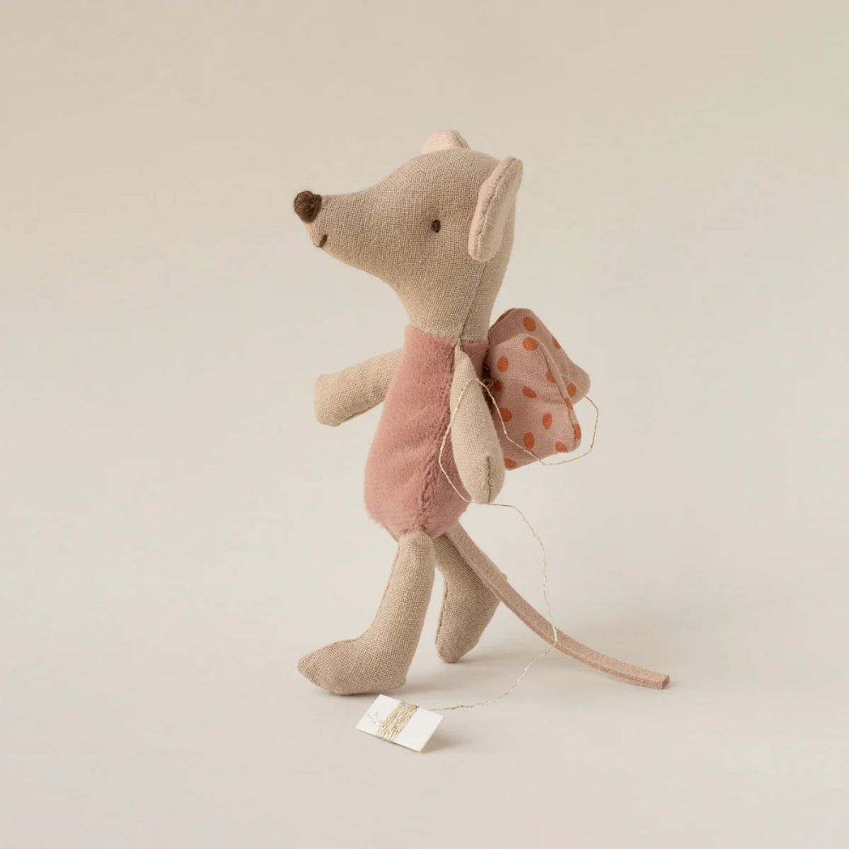 Maileg Fairy Mouse Little Rose Stuffed mouse toy in a pink dress with polka dot wings on a white background