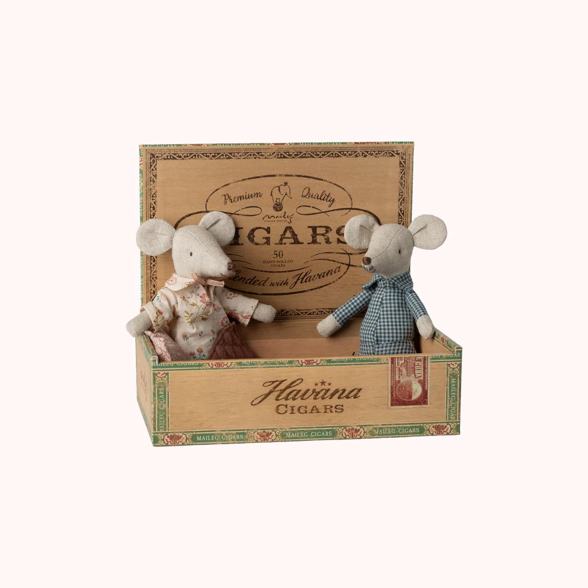 Maileg Grandma and Grandpa Mice in Cigarbox Two small stuffed mice sitting in a decorative cigar box with 'Gars' branding.
