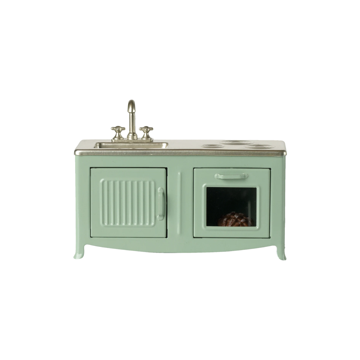 Miniature mint coloured Maileg mouse kitchen with oven, sink and baked pie accessory designed for dollhouse play. on a white background