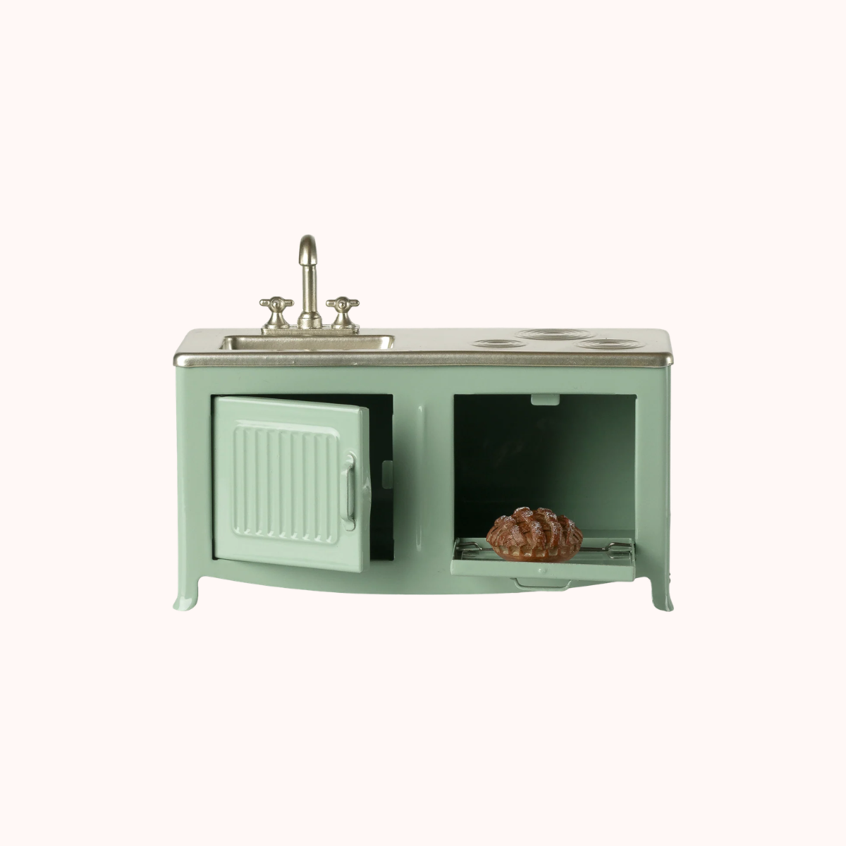 Maileg Mouse Kitchen in Mint Vintage-style mint green vanity with sink on a white background