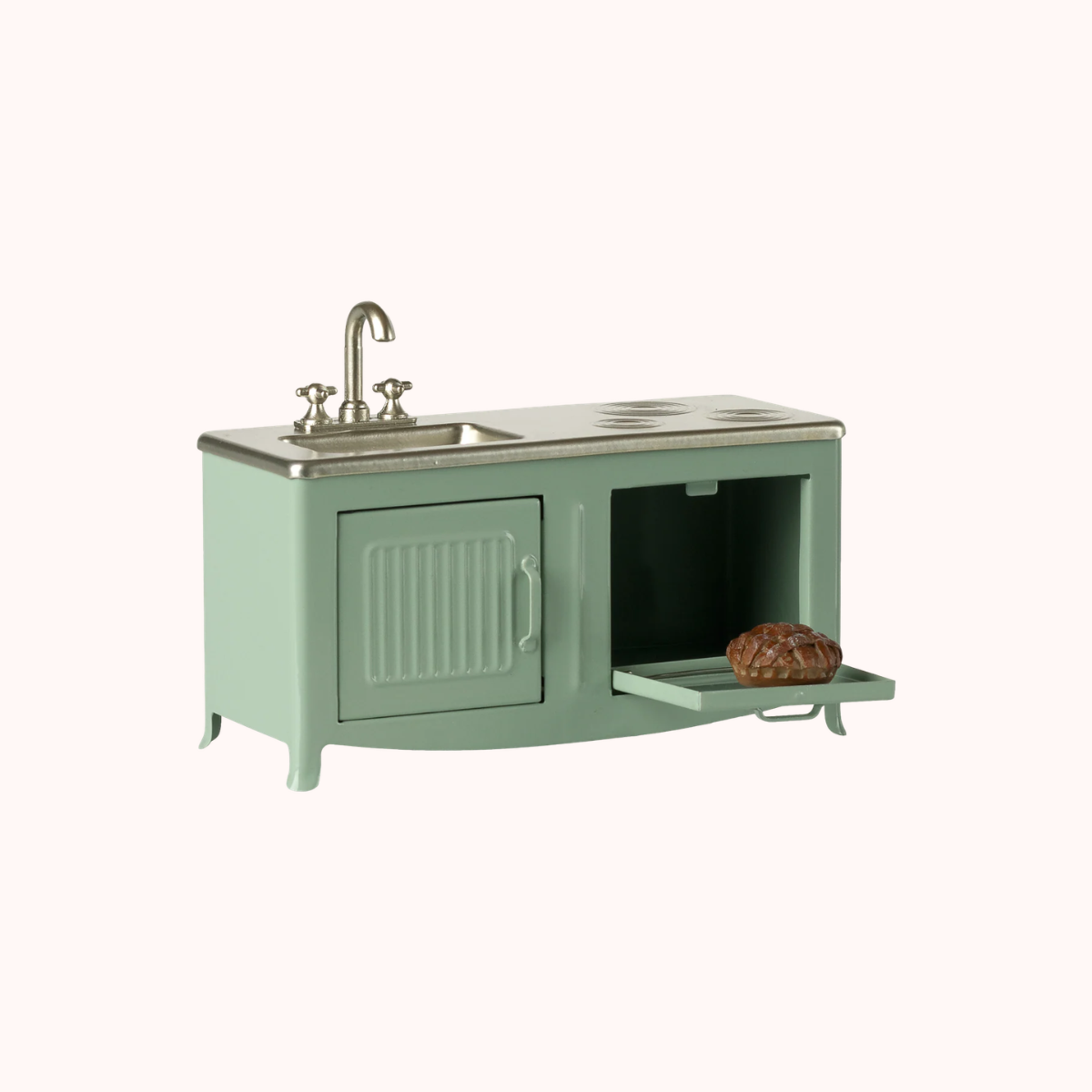 Maileg Mouse Green Sage kitchen sink and oven unit with metallic faucet on a white background