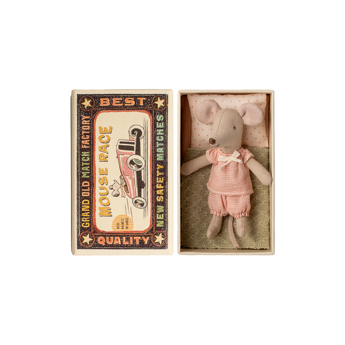 Maileg Little Sister Mouse in Matchbox Small stuffed mouse toy in a matchbox with vintage-style graphics on a white background
