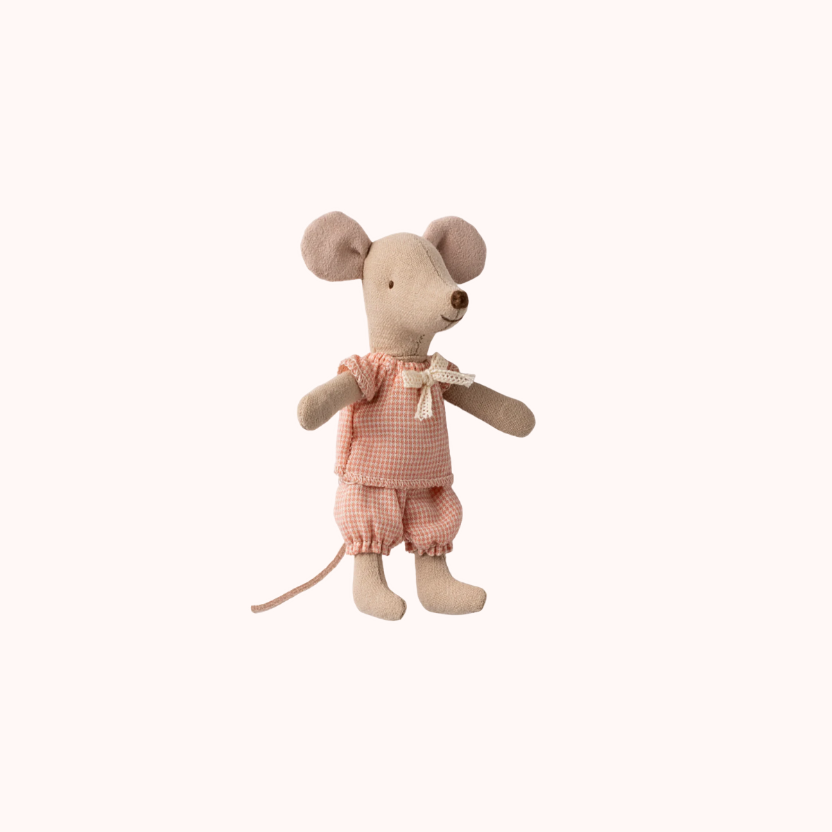 Maileg Little Sister Mouse in Matchbox Small stuffed mouse toy in a matchbox with vintage-style graphics on a white background