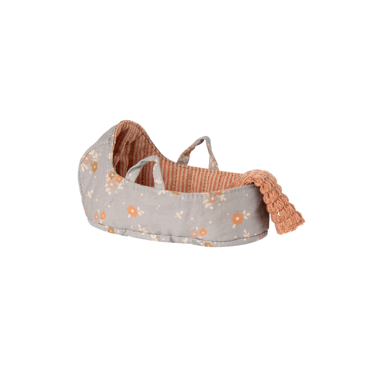 Maileg Micro Carry Cot – Soft Doll Carrier | Micro Bunny & Rabbit Bed Baby bassinet with floral pattern and pink blanket on a white background