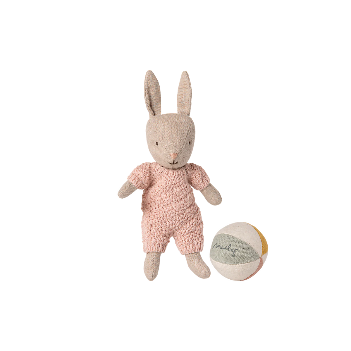 Maileg micro rabbit gift set sand rose with ball Stuffed rabbit toy in rose pink outfit with a ball