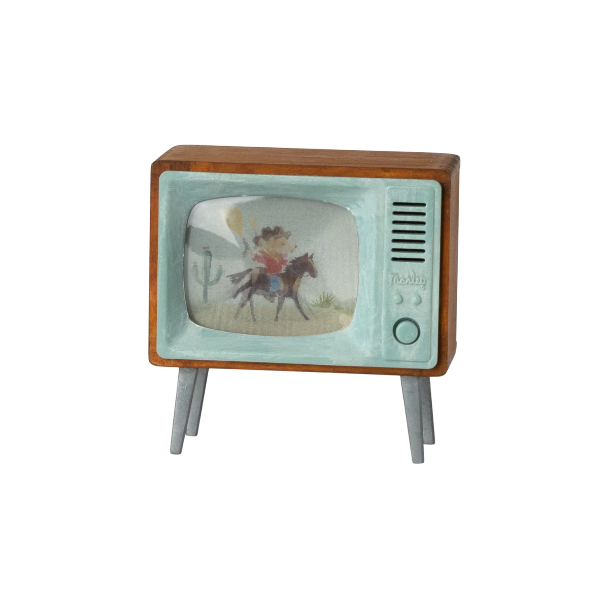 Maileg Vintage-style television with a child on a horse on the screen against a white background
