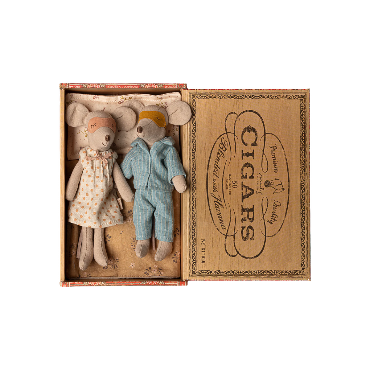 Maileg Mum_Dad Mice in Box2025 Two stuffed mouse toys in a decorative box labeled 'Cigars'.