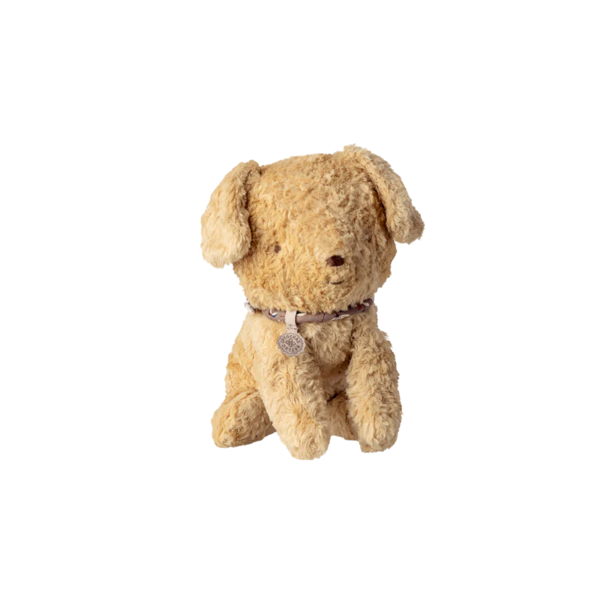 Maileg Puppy Beige stuffed dog toy with a collar on a white background