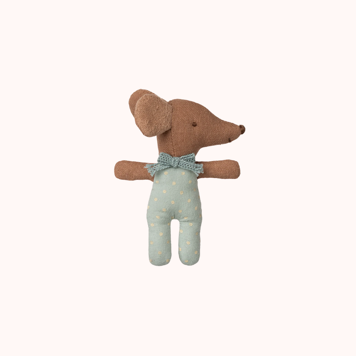 Maileg Sleepy Wakey Baby Mouse Stuffed toy mouse in a light blue outfit with white polka dots on a white background