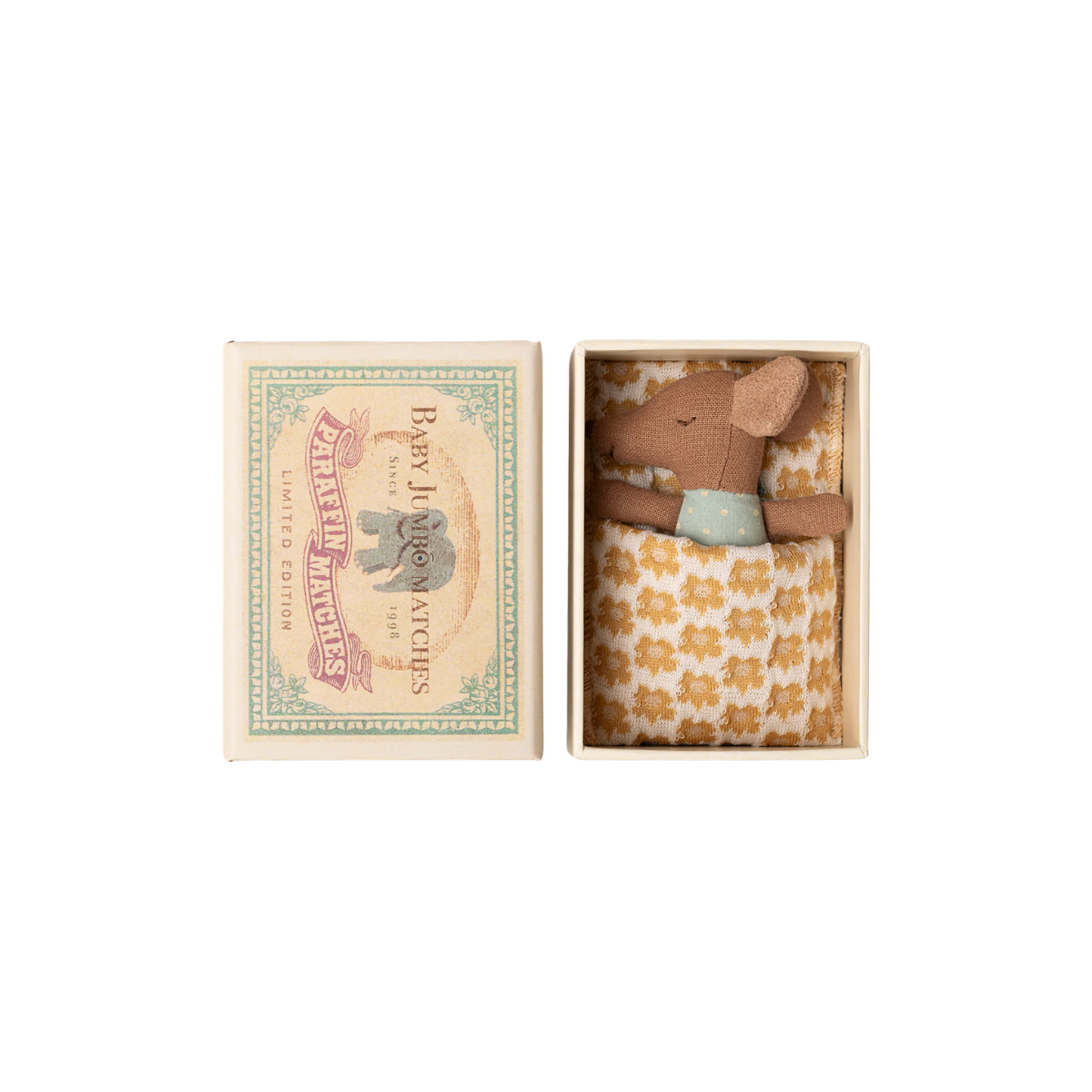 Maileg Sleepy Wakey Baby Mouse in Matchbox Blue Double-Sided Baby Mouse Toy Small in a box with a floral pattern 