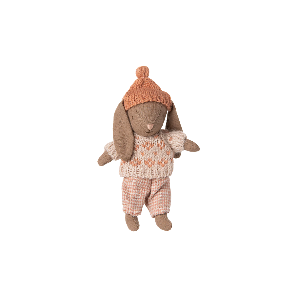 Maileg Winter Bunny Micro – Brown &amp; Rose | Micro Bunny Soft Toy Stuffed toy rabbit wearing a knitted hat and sweater on a white background