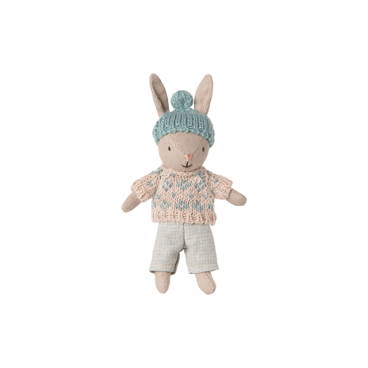 Maileg Winter Rabbit Micro_Sand_Mint Micro Bunny Soft Toy Stuffed rabbit toy wearing a knitted sweater and knitted hat on a white background