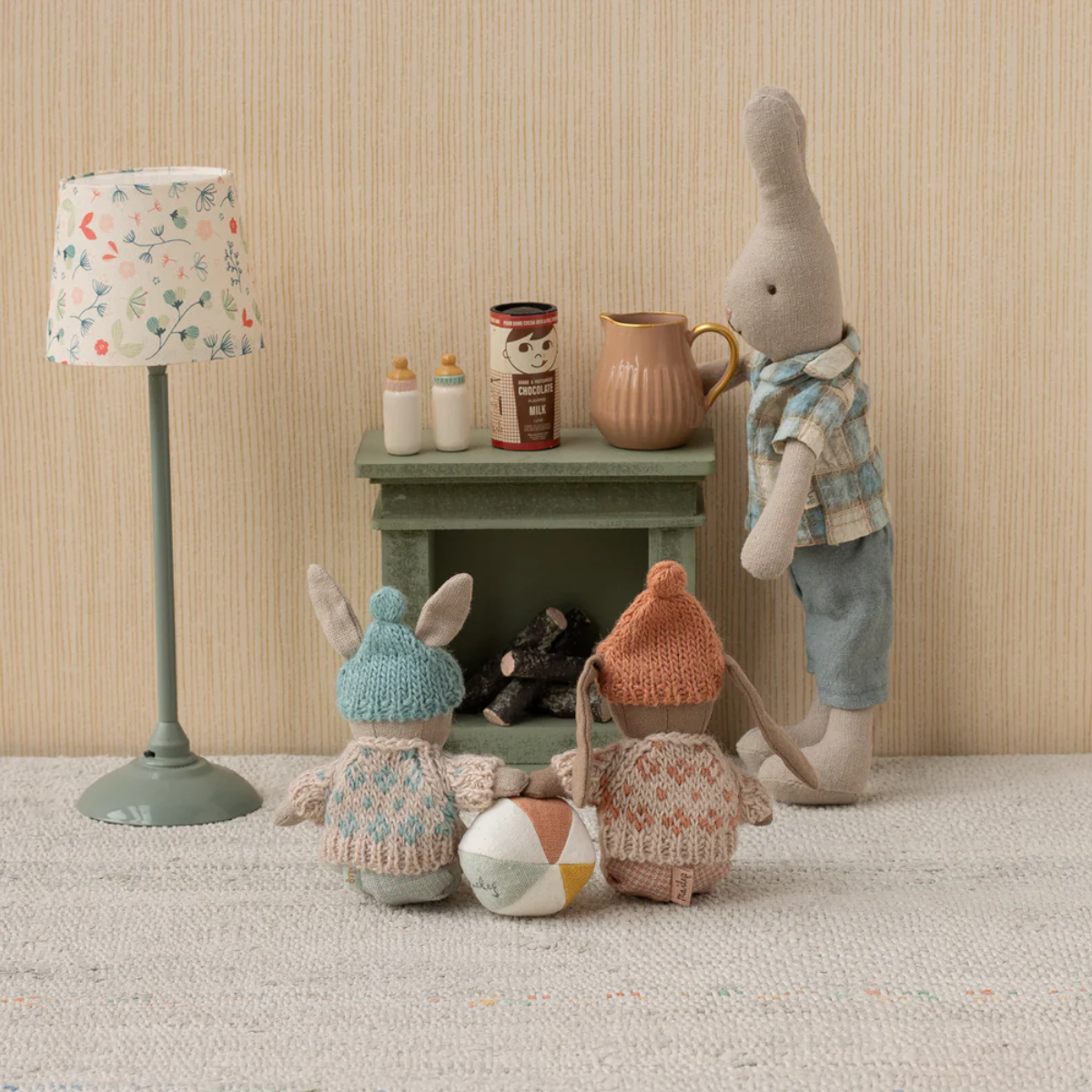 Maileg Winter Rabbit Micro_Sand_Mint Micro Bunny Soft Toy Stuffed rabbit toy wearing a knitted sweater and knitted hat on a white background