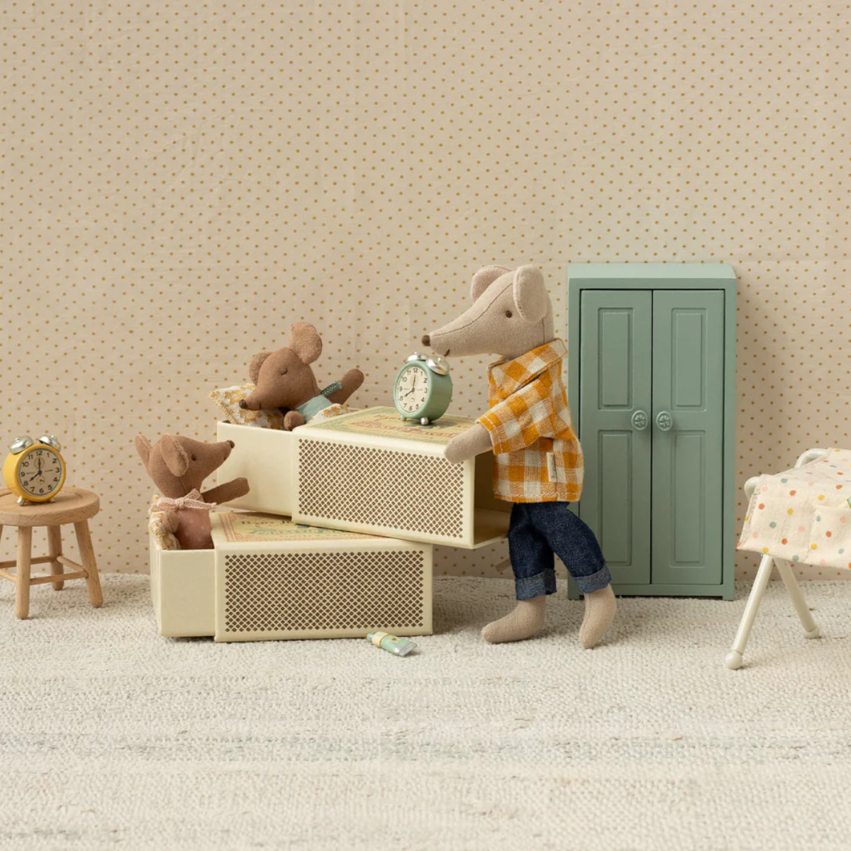 Maileg sleepy wakey baby mouse in matchbox Miniature scene with toy mice in a room setting.