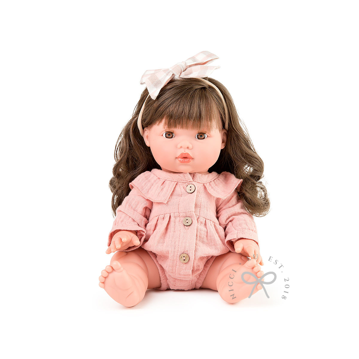 nicci and lu mini coletto hailee wearing a muslin playsuit in rose blush 34cm doll clothing
