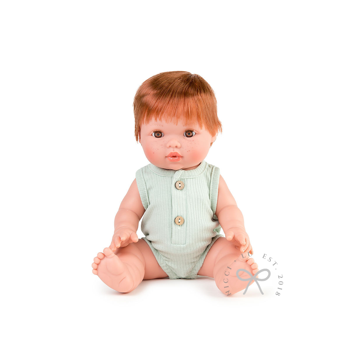 nicci and lu mini coletto doll jasper wearing a ribbed bubble romper in sage 34cm doll clothing