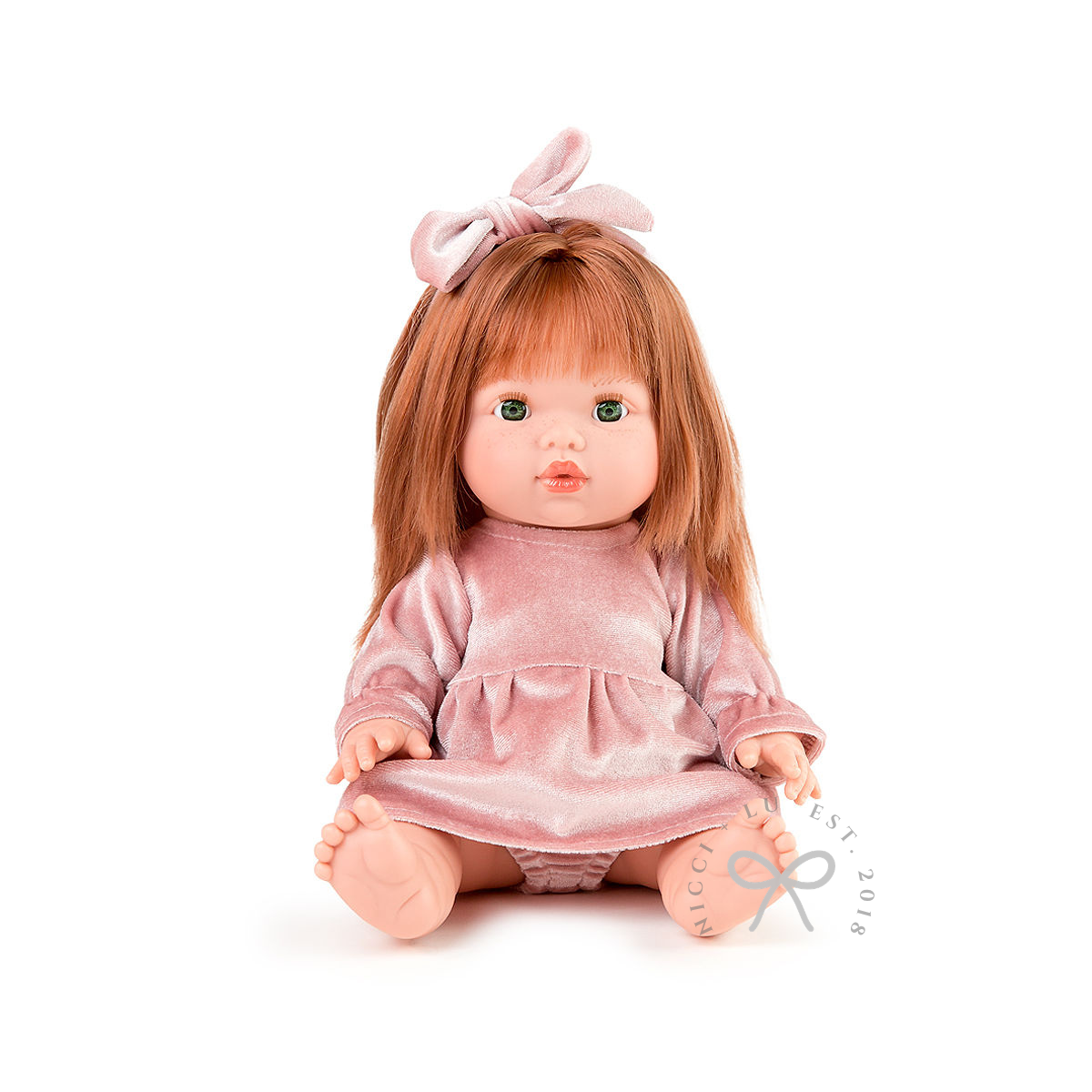 nicci and lu mini coletto nicole wearing a velvet dress set in rose blush 34cm doll clothing