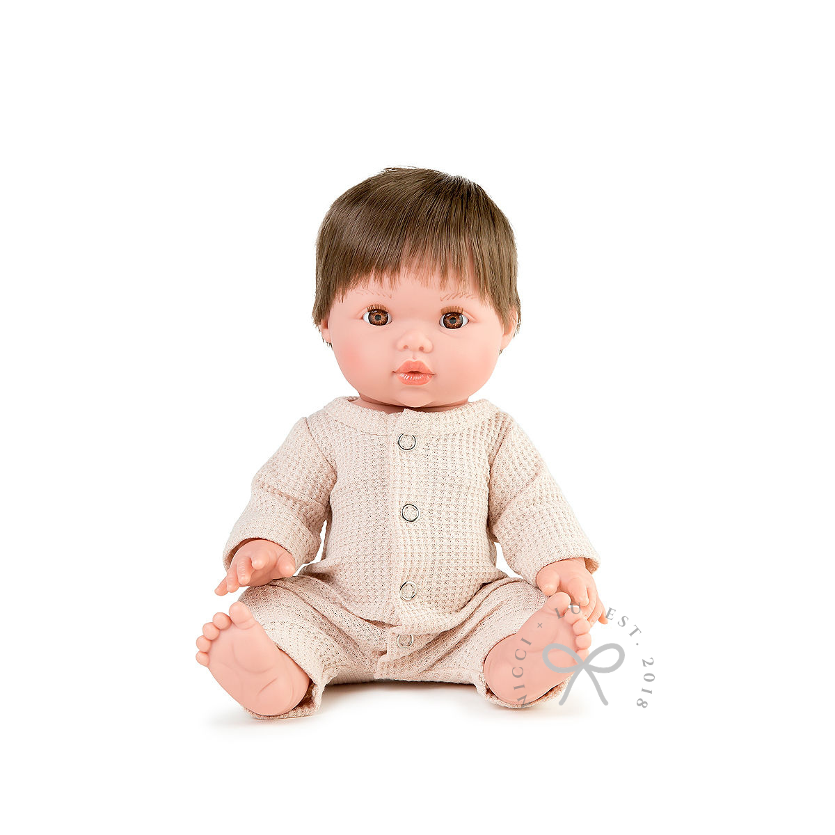 nicci and lu mini coletto rafael wearing a oat onesie in waffle cloth 34cm doll clothing