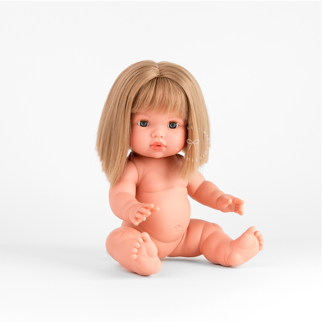 Meet Charlotte, a beautiful 34cm Mini Colettos doll with a neat blonde bob haircut, soft fringe and expressive blue-grey eyes. Anatomically correct, non-toxic and phthalate-free, Charlotte is a lovely companion for imaginative play and dressing up.