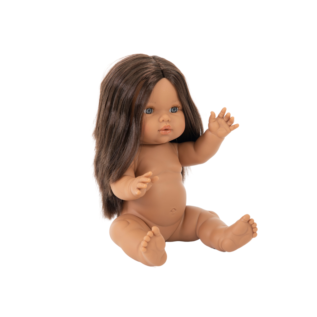 Mini Colettos Isabel is a 34cm doll with long straight brown hair and blueish grey eyes.