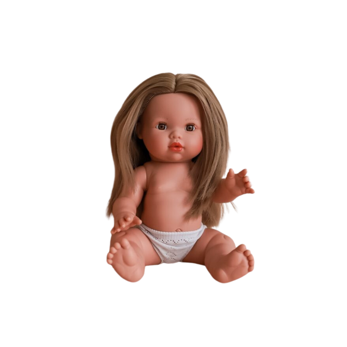 Mini Colettos 34cm anatomically correct doll with straight blonde hair and brown eyes.