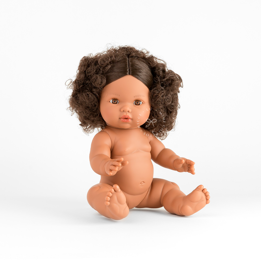 Meet Zaara, a beautiful 34cm Mini Colettos doll featuring warm brown skin, expressive brown eyes and gorgeous dark brown curls styled into two playful puffs. This anatomically correct, non-toxic and phthalate-free doll is a lovely companion for imaginative play and dressing up.