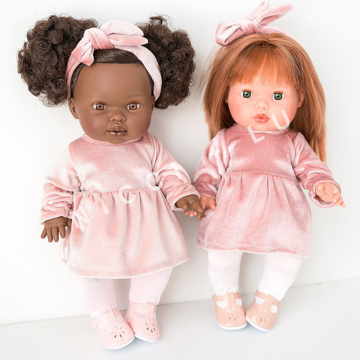 Mini Colettos 34cm Dolls Nicole and  Jedda are standing and wearing  velvet dresses for 34cm dolls and 34cm doll mary jane shoes.